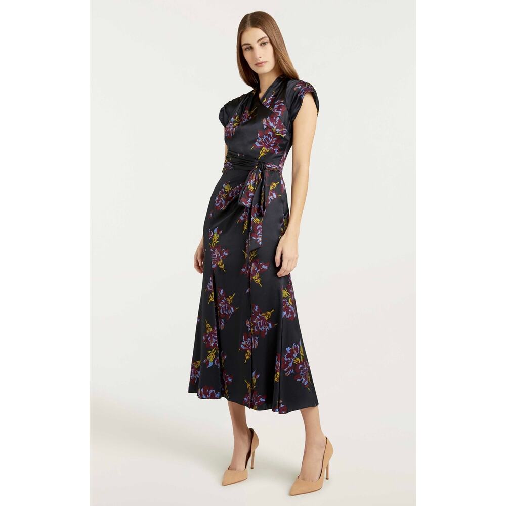 Cinq à Sept Neila Floral Silk Tie Waist Midi Dress Size 2 Wedding‎ Guest Formal